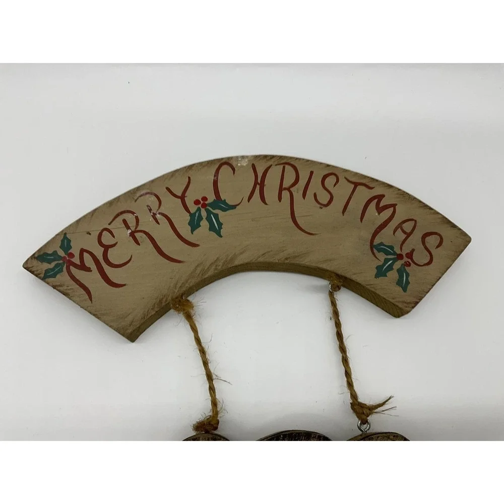 Vintage Handmade Merry Christmas Bear Wood Wall Sign Brown Holiday Decor Plaque